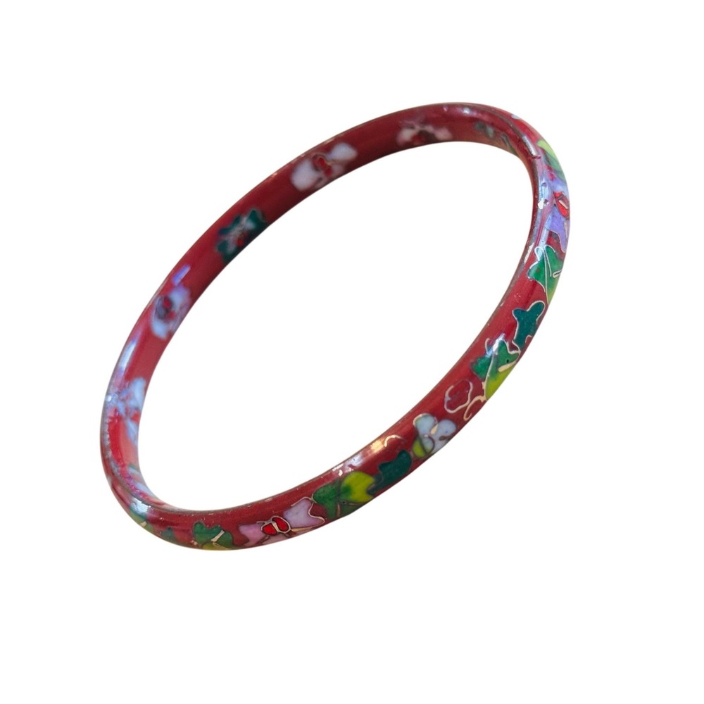 VTG Cloisonne Floral Lotus Bracelet Bangle Enamel Chinese Flower Retro Rare